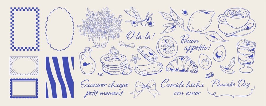 Coquette breakfast sketch in blue line set. French coffee and cake appear as cute food icons and doodle elements. Pancakes, croissant cup sit as brunch template with background frame set for cafe