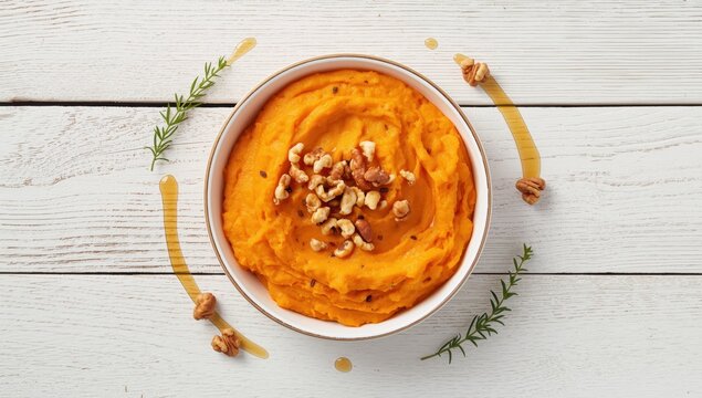 Bowl of delicious sweet potato mash with walnuts on white wooden surface, top view.