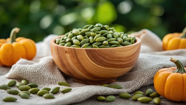 Bowl of raw green pumpkin seeds