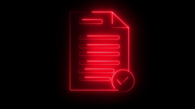 Red neon checklist document on black background neon sign document check mark .neon Check mark icon and tick mark icon animation. neon success, approved, 4k