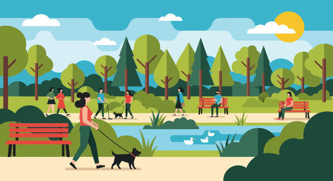 People walking dogs and relaxing in a vibrant park scene.
