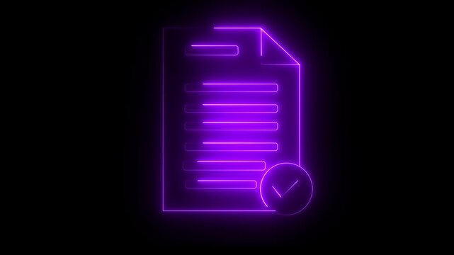 Red neon checklist document on black background neon sign document check mark .neon Check mark icon and tick mark icon animation. neon success, approved, 4k