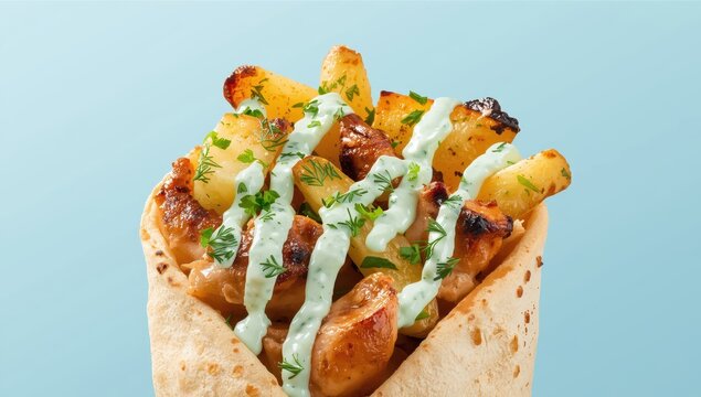 Chicken gyros wraps in pita with potatoes and tzatziki sauce, blue backdrop.