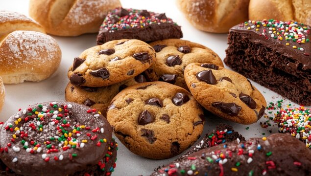 Chocolate chip cookies are festive treats for Christmas or Eid on a white background.