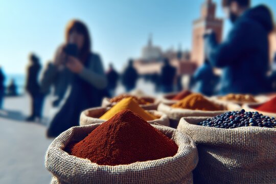 Close up of colorful spices in burlap sacks at a Moroccan market, blurred tourist in the background, vibrant colors
