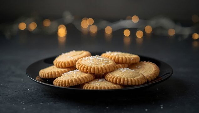 Classic Italian coconut cookies on a dark table, focused view.