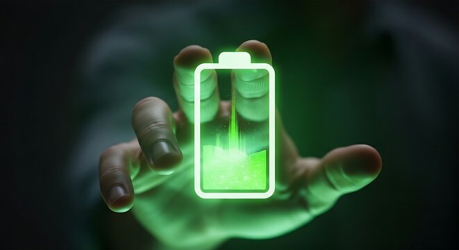 Energy and charging concept. A close-up of a hand touching a holographic battery that fills up with green energy, representing charging or efficiency.