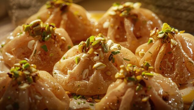 Classic Ramadan dish qatayef. Arabic iftar treat katayef filled with cheese. Close-up.