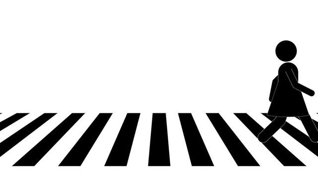 Minimalist stick figure animation of pedestrians walking across zebra crosswalk on white background.
