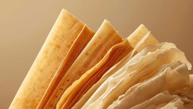 Close-up of dried bean curd sheet and sliced tofu skin.