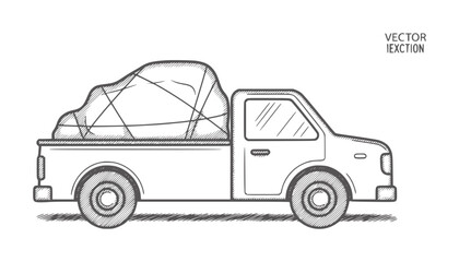 Black and white line of a pickup truck with covered cargo vehicle © Mehedy