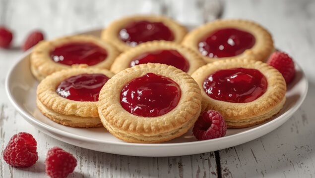 Closeup of Thumbprint cookies with raspberry jam on a white wooden table.