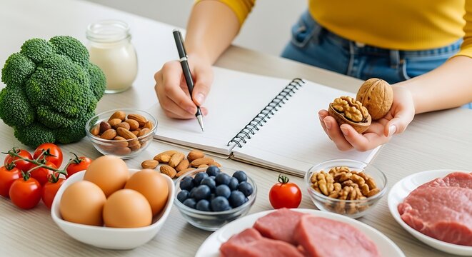 Healthy snacking and meal planning with fresh ingredients and a notebook keto meal