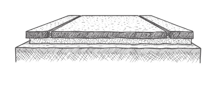 Cross section of multilayered road pavement structure with asphalt bitumen and gravel