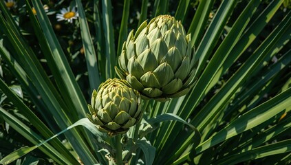 Obraz premium Cynara cardunculus. Green organic artichoke buds on leafy stem.