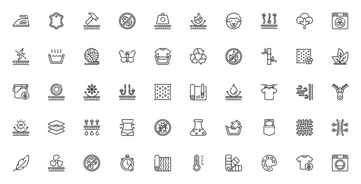 Fabric Features icon set. Vector textile symbols collection. Includes iron, leather, cotton, silk, bamboo, waterproof, fireproof, eco, wash care and more. Editable stroke.