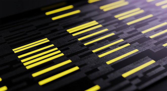 Futuristic digital data blocks on dark background, yellow glowing binary code elements, abstract technology pattern for cyber security