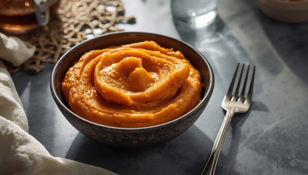 Delicious mashed sweet potato on a gray table, close-up.