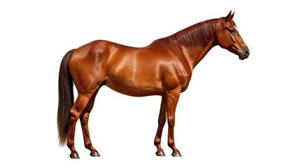 Fototapeta premium Detailed side view of a chestnut horse against a white background in full HD.
