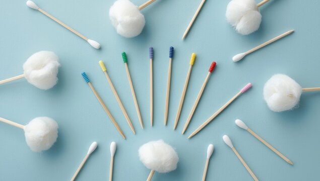 Dental picks and cotton buds on a blue backdrop. Hygiene theme.