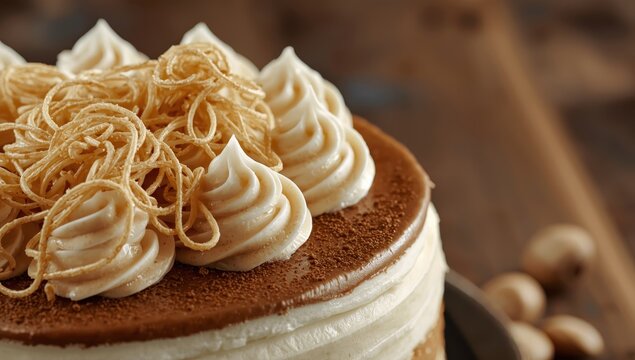 Detail of sweet chestnut vermicelli puree on a Mont Blanc cake