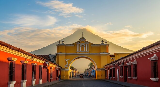 Iconic Arch of Santa Catalina in Antigua, Guatemala at Sunset.