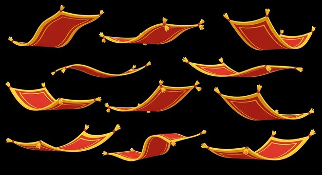 A collection of flying carpets in various poses against a solid black background
