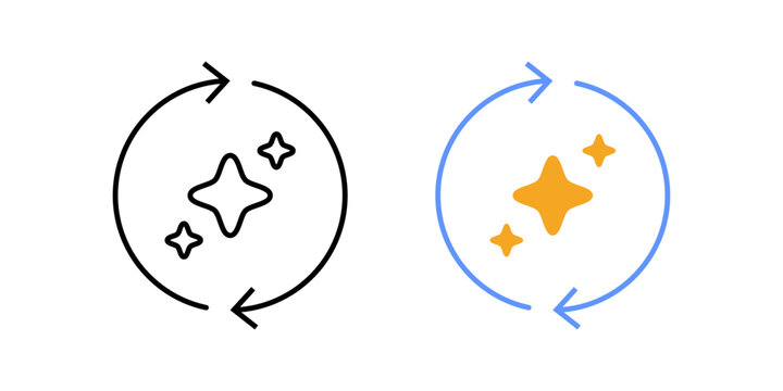 Retry action loop symbol. Circular arrow loop with central sparkle element. AI retry process and reattempt concept. Simple geometric illustration.