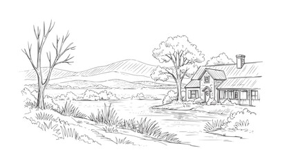 Obraz premium Of lakeside cottage with mountains and trees in monochrome line branches