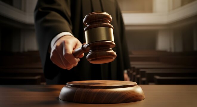 Judge holds a wooden gavel over a sounding block inside a courtroom.