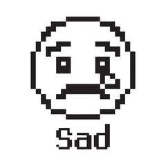 Obraz premium Pixelated sad face emoji with downturned features and the word sad