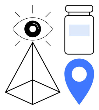 Surveillance, navigation, healthcare, data tracking, futurism, digital concepts. Eye atop pyramid, medicine bottle blue location pin. Surveillance and navigation within a conceptual framework
