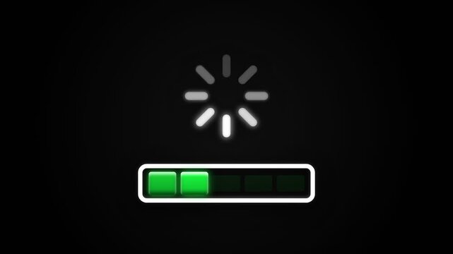 Loading spinner with progress bar on dark background representing buffering waiting time and system processing concept