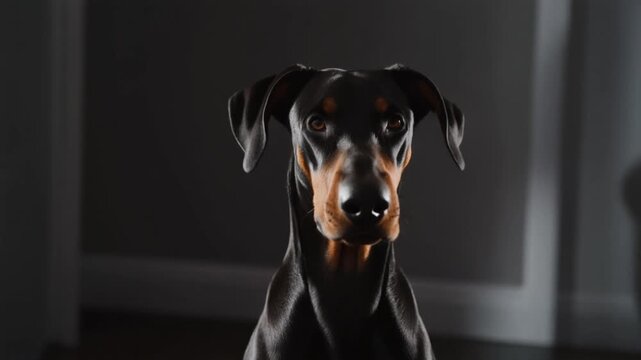 Majestic Dobermann Pinscher looking around in dramatic low lighting