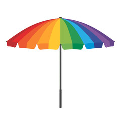 Obraz premium A vibrant rainbow beach umbrella open and standing on the sand.