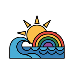 Naklejka premium A vibrant illustration of a rainbow arching over the sea under the bright sun.