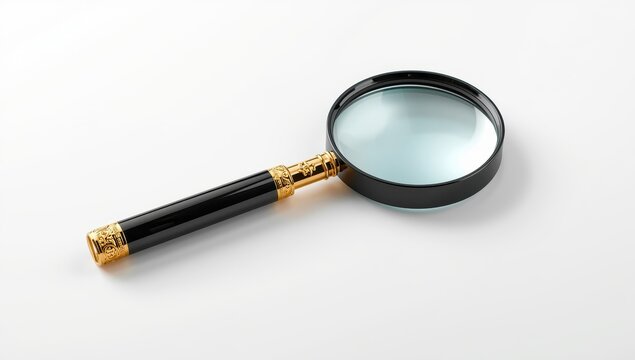 Magnifying glass in black and gold on white backdrop.