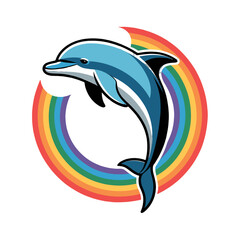 Naklejka premium A stylized dolphin leaping through a colorful rainbow.