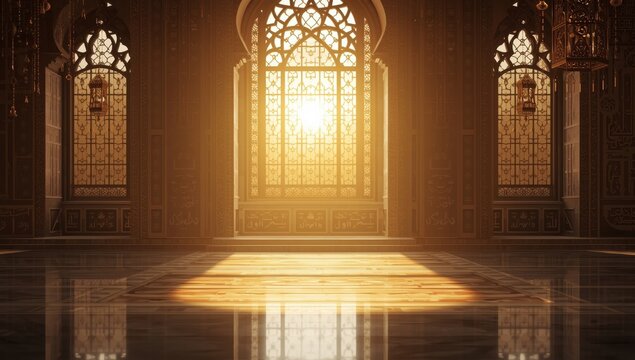 Mosque window with sunlight, reflecting Islamic themes like Ramadan or Eid.