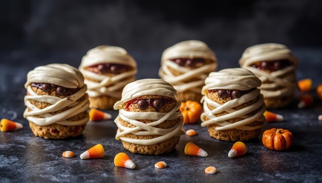 Mummy-shaped puffed cakes filled with raspberry jam for Halloween.