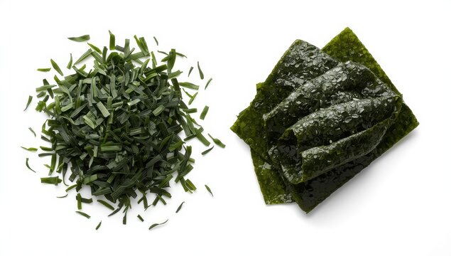 Nori flakes on a white backdrop. Dried seaweed from Japan.