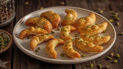 Fototapeta premium Pistachio-topped Qatayef on a plate - Ramadan Arabic desserts.