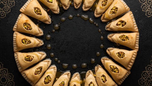 Pistachio and honey Arabic sweets for Ramadan, black background, overhead view.