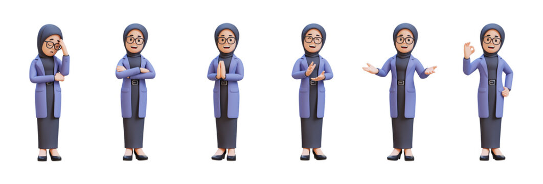 3D Render of Diverse Poses for Muslim Businesswoman in Hijab and Glasses. Showing Emotions and Ges