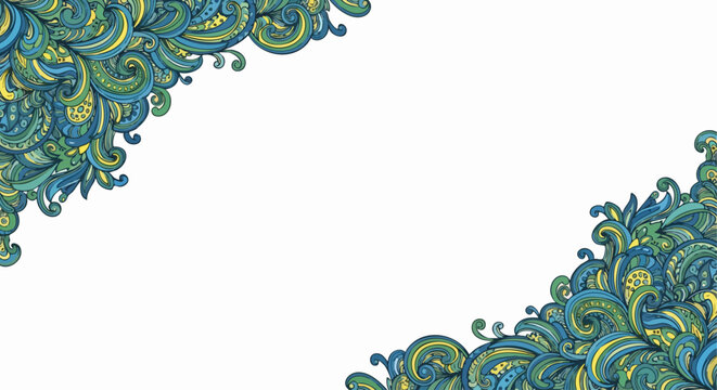 Hand drawn abstract doodle swirls in blue and green corner frame.