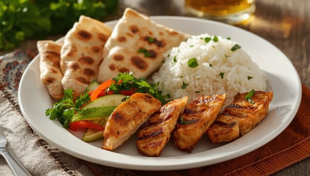 Plate with pita, rice, grilled chicken, and vegetables.