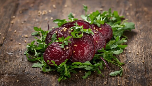 Roasted beets and arugula on wood.