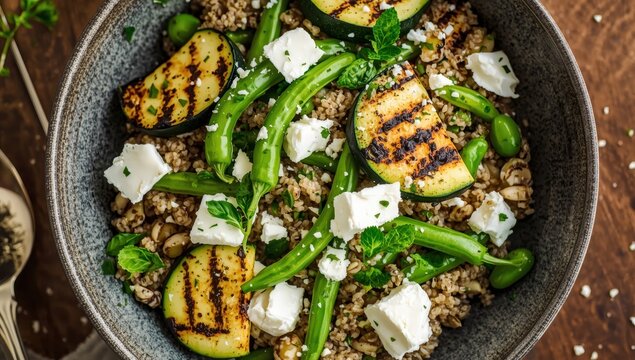 Salad with quinoa, grilled zucchini, and fava beans