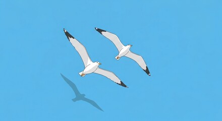 Fototapeta premium Two seagulls in flight against a clear blue sky, casting shadows below
