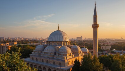 Fototapeta premium The mosque's design features three small domes and a tall minaret.